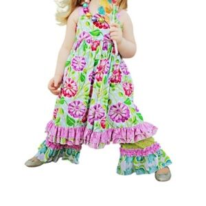 Lolly Wolly Doodle Floral Dress tie neck with Matching Ruffle Pants Sz 6 Girls